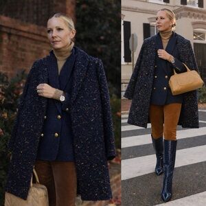 J.Crew Daphne Italian Tweed Topcoat Navy Black Jungle Shawl Collar Coat Size 6